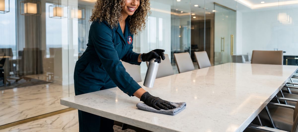 Thomas & Thomas team member sanitizing a conference table during commercial janitorial service